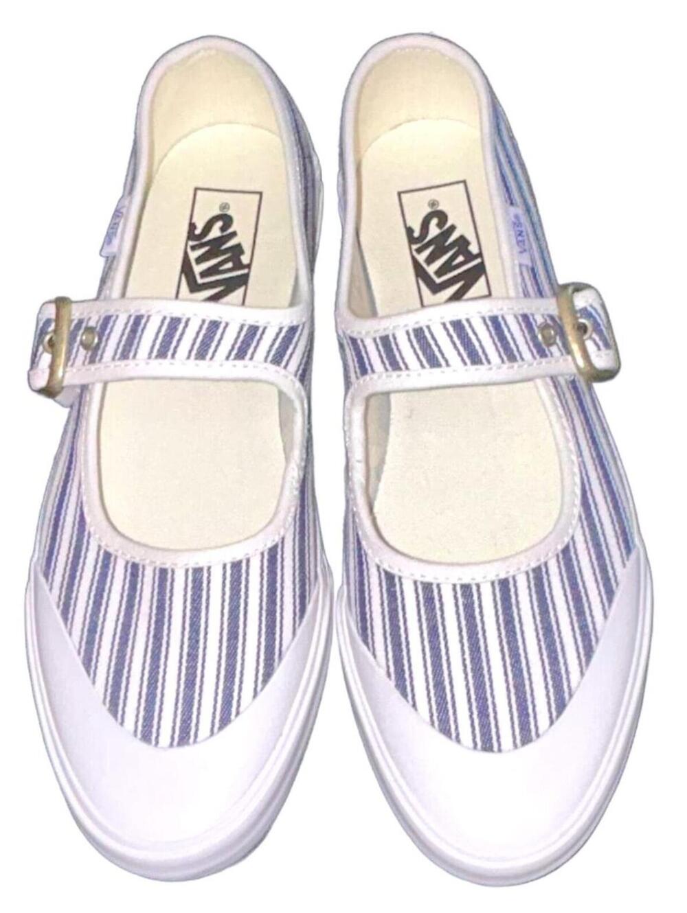 Vans Mary Jane Buckle Ballet Flat "Cream/Navy Stripe" Women's 8.5 | NEW